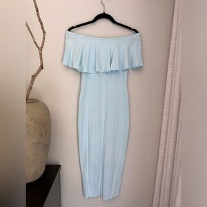 ASOS Ruffle Off Shoulder Bardot Pencil Midi Dress Blue Aqua US4